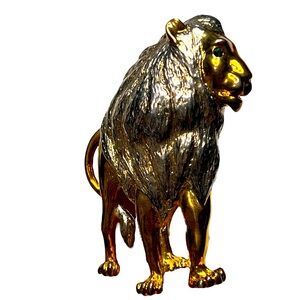 Vintage Large Gold & Silver tone Lion Brooch with Emerald Green‎ Rhinestone Eye